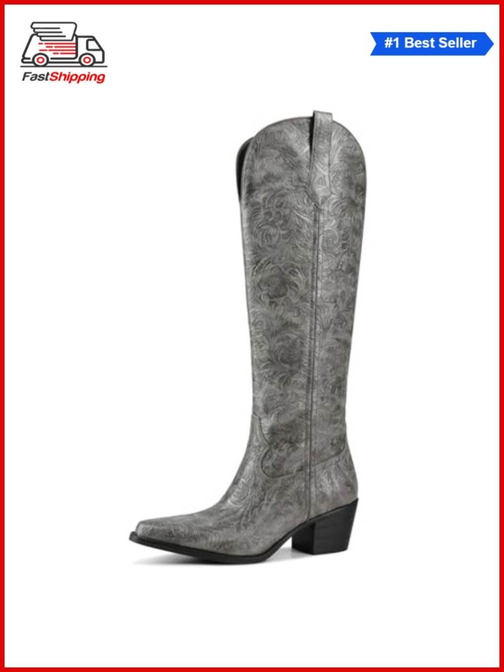 ✨ Cowgirl Boots Embossed Knee High Western Chunky Block Heel Pointed Toe Pull